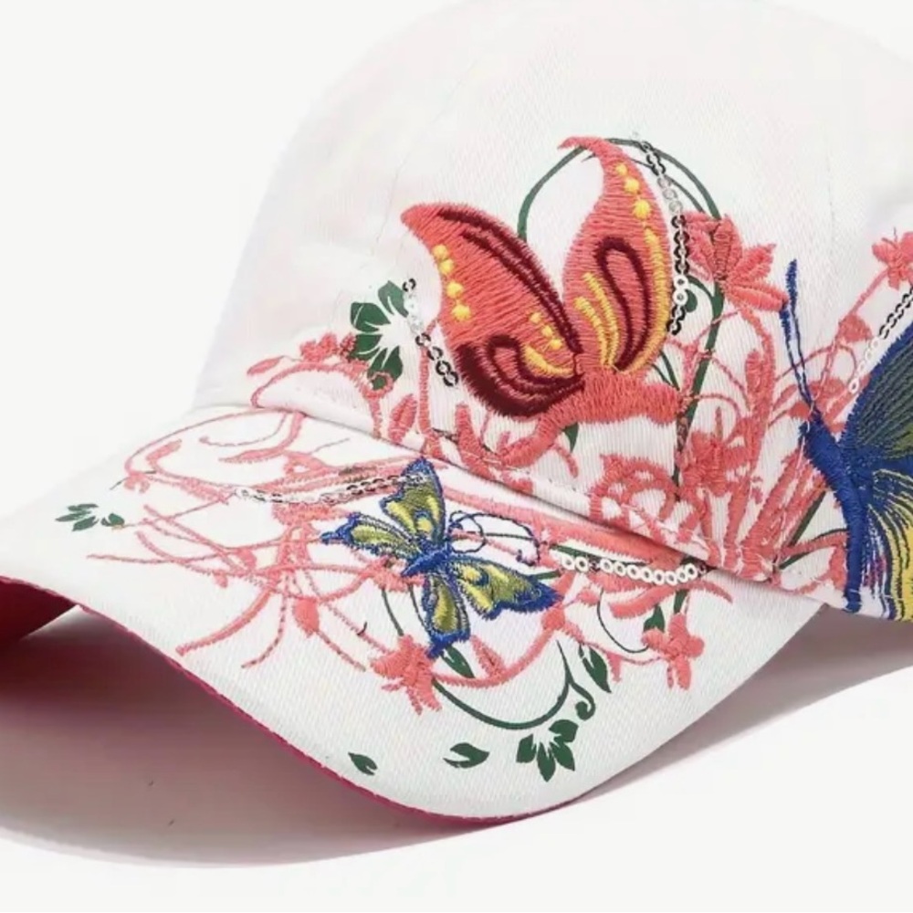 New, Flower & Butterfly Embroidered Floral Cap. Pink or white - Picture 3 of 13
